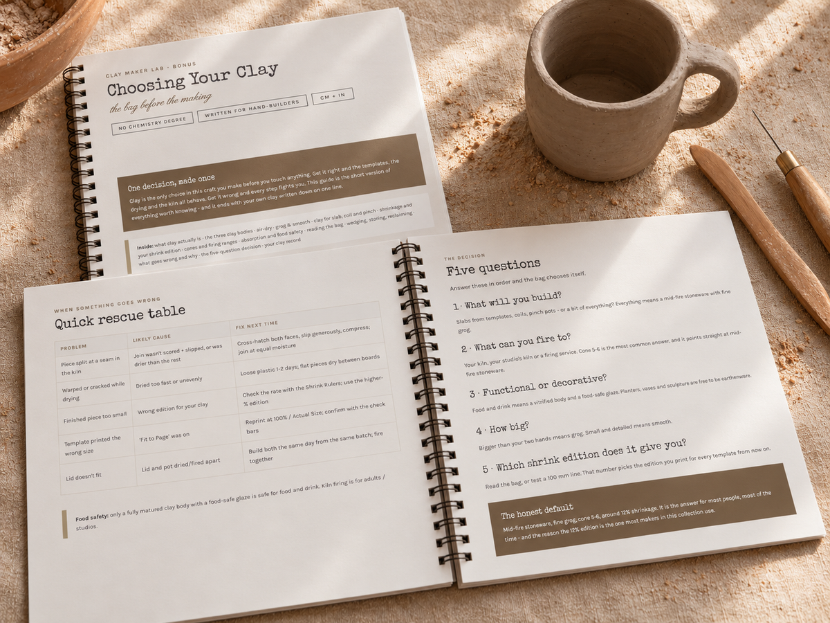 Start Here Guide and Clay Guide printed and bound on a studio table