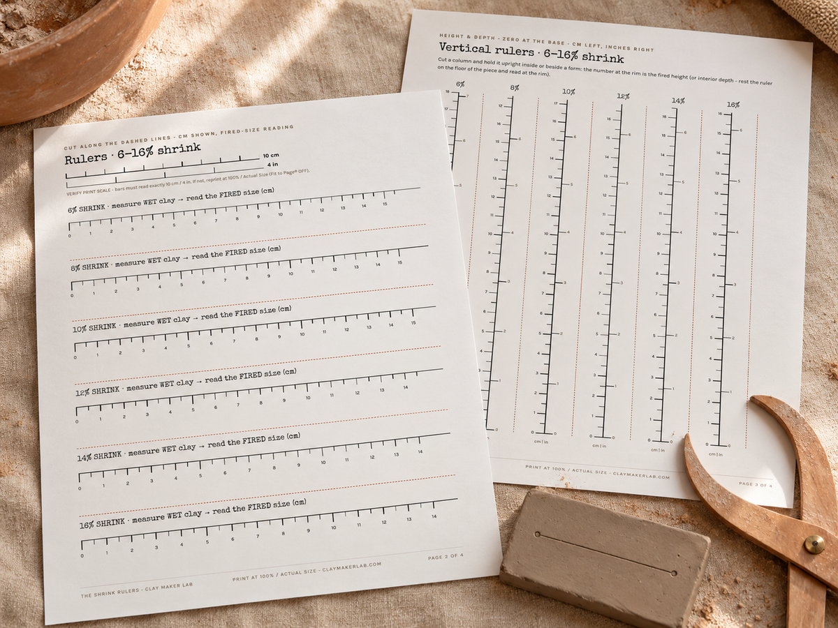 Printable shrink rulers next to a clay test tile and wooden calipers